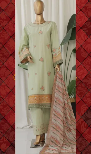 Pakistani Original Bin Saeed luxury Stitched Cotton Embroidered 3 Pcs _ Mint 